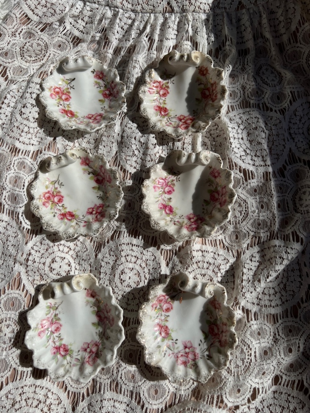 Set of 6 Floral Scalloped Porcelain Trinket Dishes - Pink Rose Accents